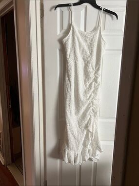 White Lace Maxi Dress with Ruffle Hem and Spaghetti Straps